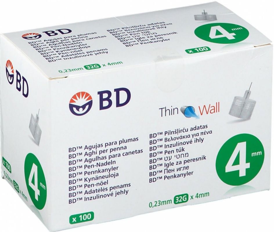 Agujas para plumas de insulina BD 4mm x32G de pared delgada Becton Dickinson