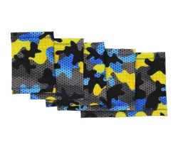 Manga elástica para brazo con estampado de camuflaje azul, amarillo y negro – Protección para sensor | Talla 14 - 17 cm, Talla 17 - 22 cm, Talla 20 - 26 cm, Talla 25 - 30 cm, Talla 28 - 36 cm