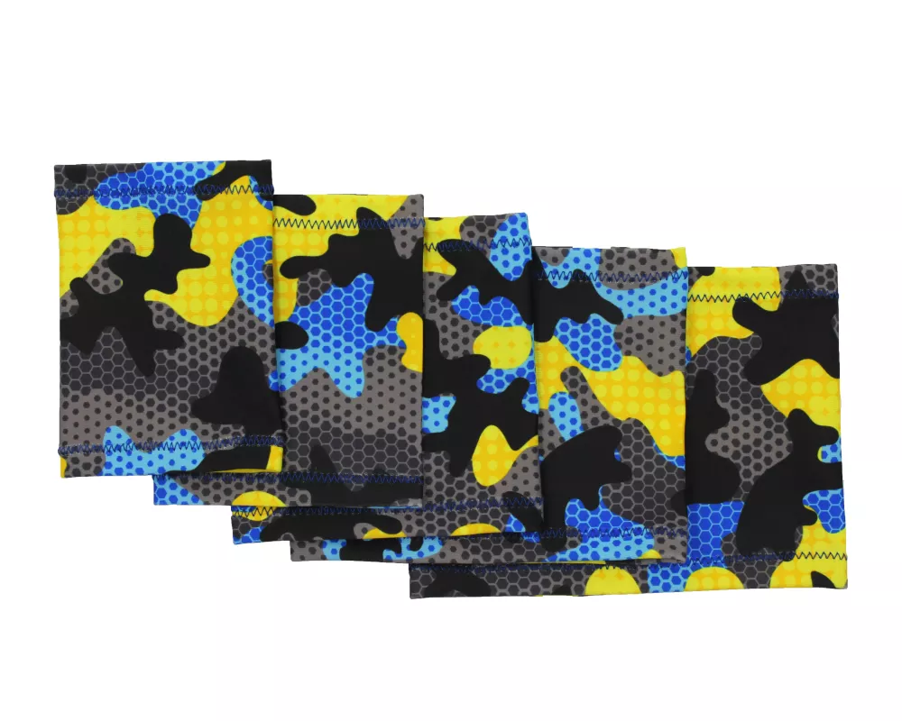 Manga elástica para brazo con estampado de camuflaje azul, amarillo y negro – Protección para sensor